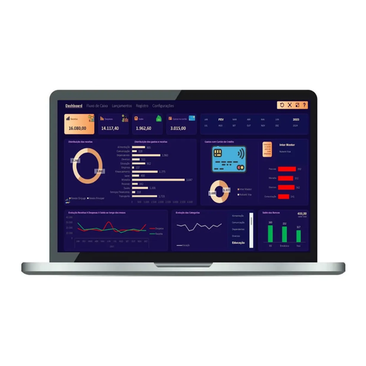 Planilha financeira controle e gerenciamento em dashboard no laptop para planejamento financeiro.