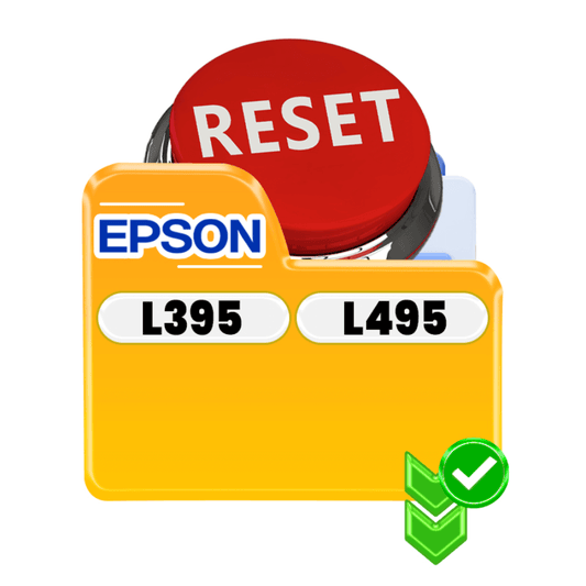 Epson printer reset button for L395 and L495 model with check mark, highlighting ink pad counter reset feature.