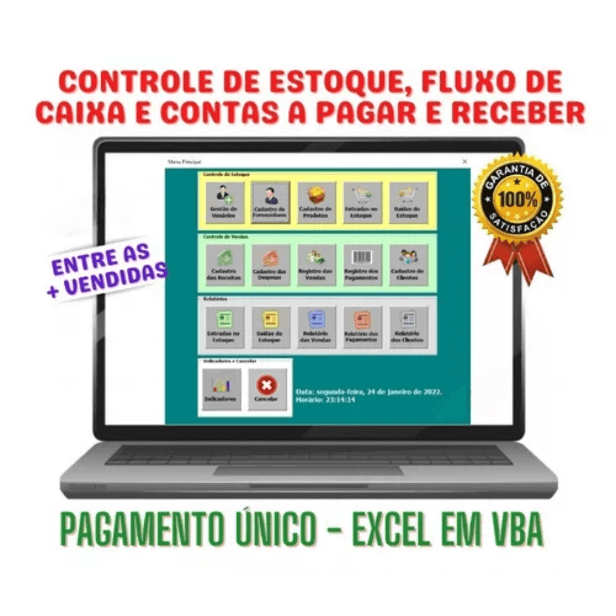 Planilha de controle de estoque e fluxo de caixa em Excel, com interface de usuário acessível em laptop.