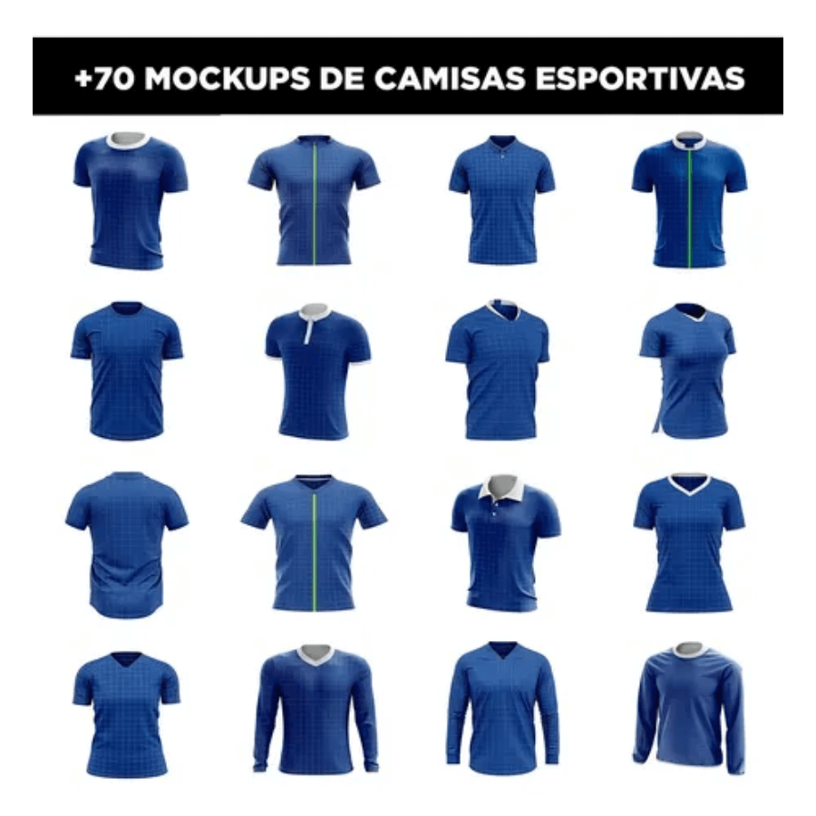 +70 blue sports shirt mockups featuring various styles and designs.