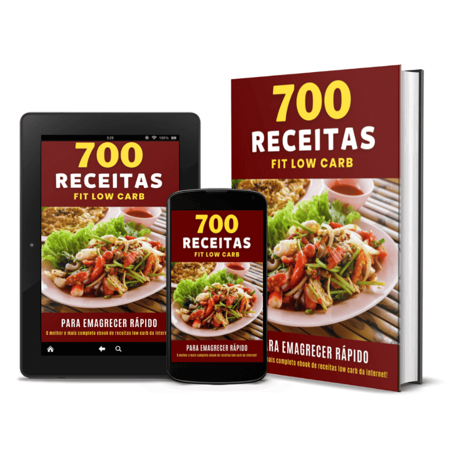 700 Receitas Low Carb Saborosas Para Emagrecimento Saudável, eBook e capa com pratos low carb nutritivos.