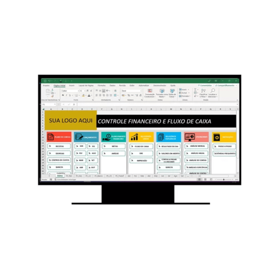 Planilha de Controle Financeiro e Fluxo de Caixa exibida em monitor, com gráficos e funções organizacionais.