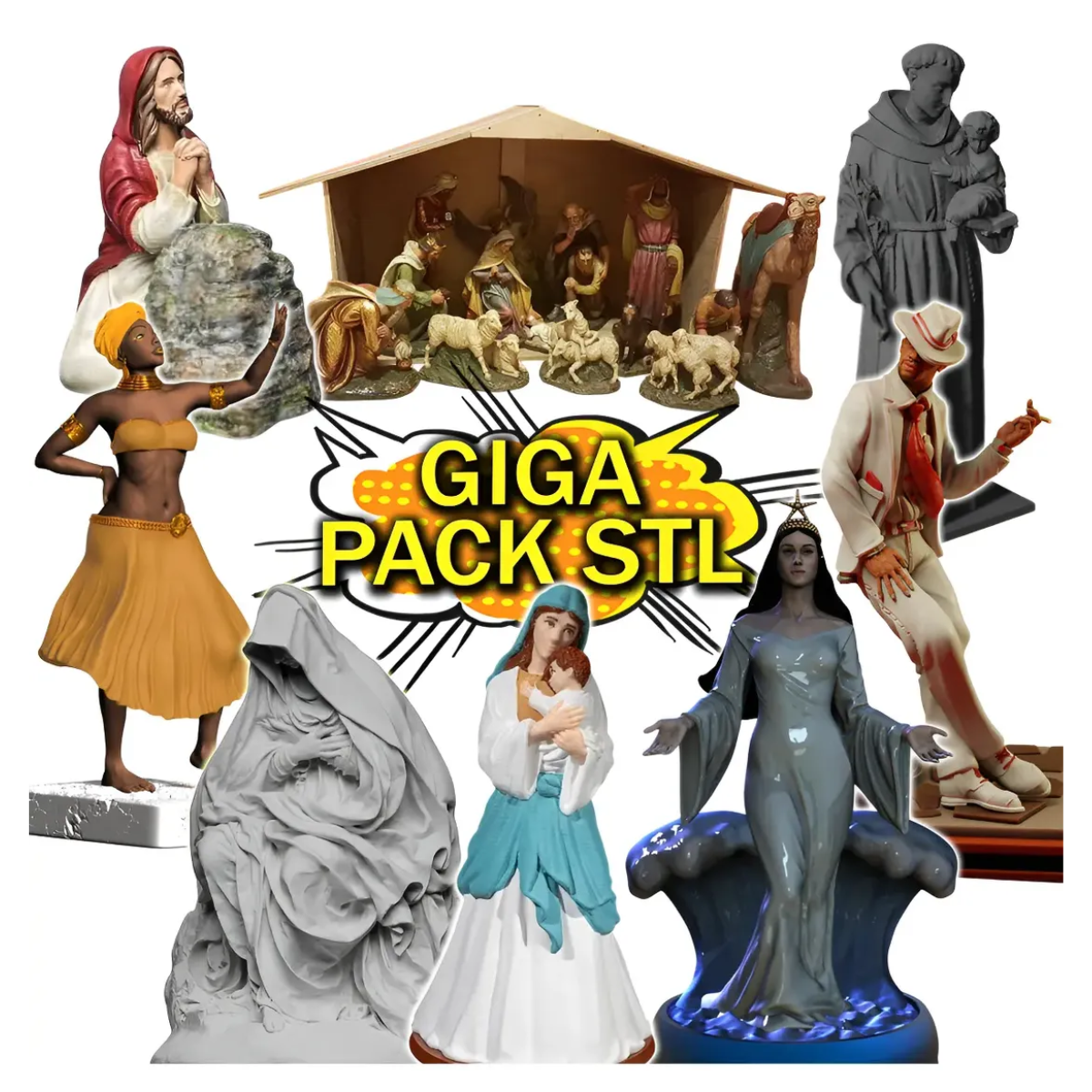 Pacote GIGA STL com figuras religiosas da Umbanda para impressão 3D e arquivos STL Umbanda impressão 3D.