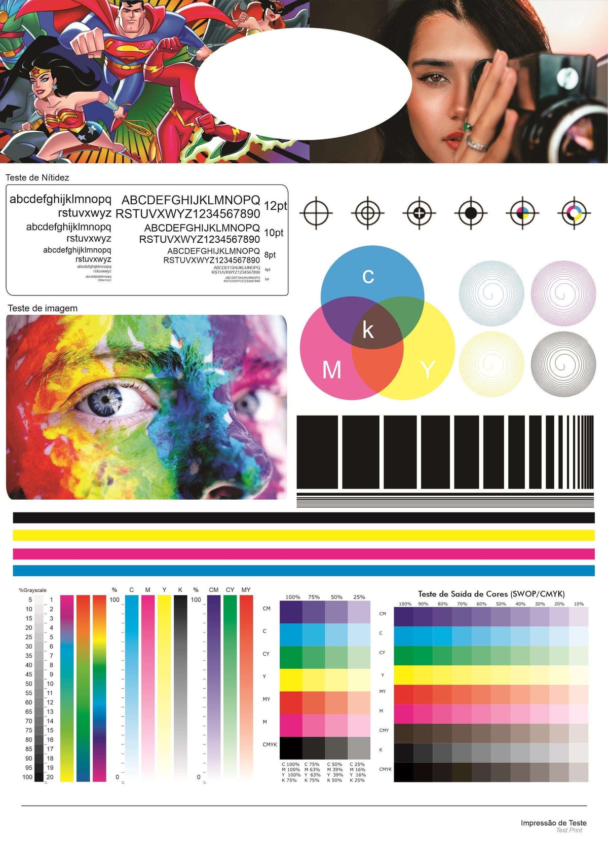 5 Paginas para Teste Impressora JPG mostrando amostras de cores e testes de impressão.