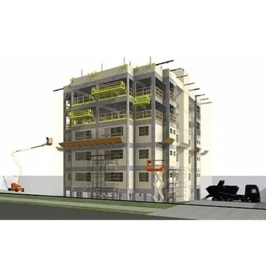 Imagem de um edifício em construção com andaimes e equipamentos, relacionado ao template segurança do trabalho Revit.