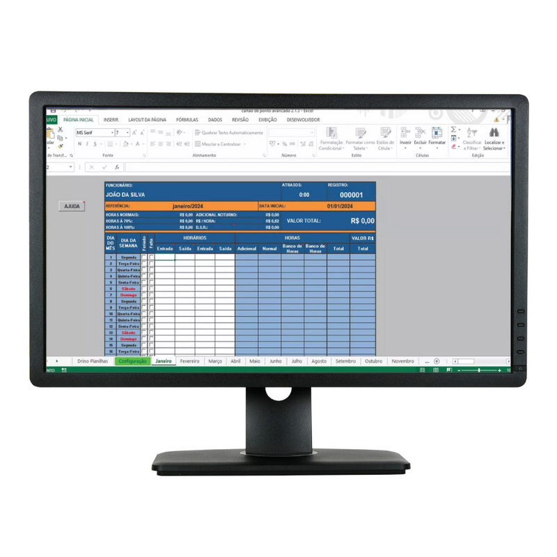 Planilha Cartão de Ponto e Controle De Horas Extras Trabalhadas
