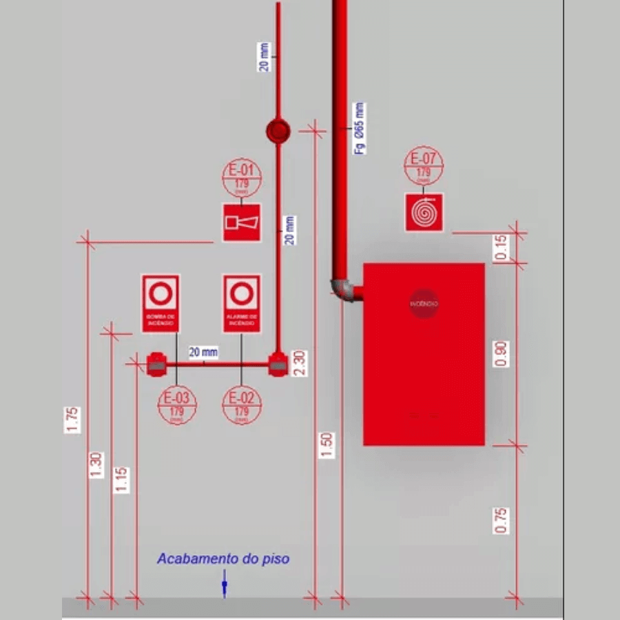 Diagrama de instalação do template Revit Ppci bombeiros 2026 com medidas e elementos de alerta.