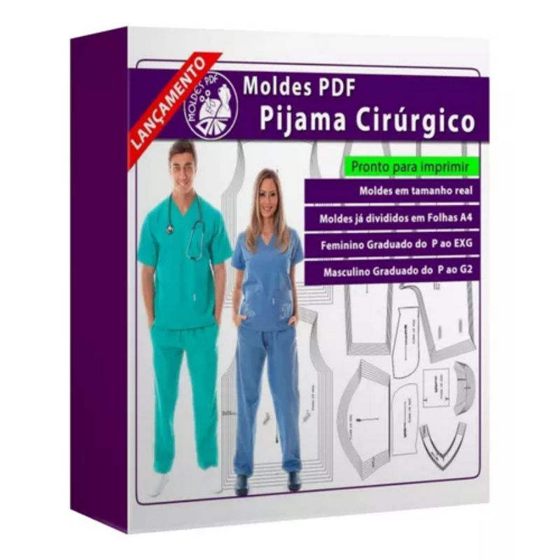 Molde Pijama Cirúrgico Masculino Feminino Fabricar tamanho real Costura Modelagem Arquivos Digitais PDF