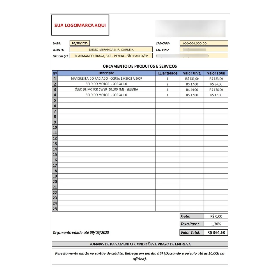Planilha Folha De Orçamento Para Produtos E Serviços