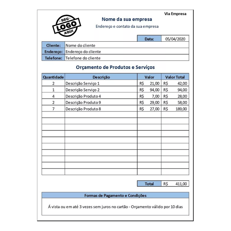 Planilha De Orçamento De Produtos E Serviços Folha Modelo para Empresa e Cliente Excel