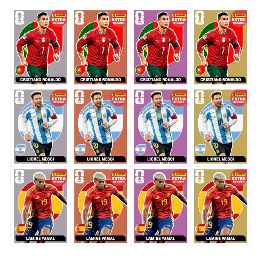 Figurinhas copa 2026 para imprimir com jogadores icônicos como Cristiano Ronaldo, Lionel Messi e Lamine Yamal.