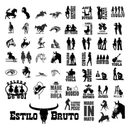 Collection of cowboy-themed vector stickers featuring silhouettes of horses and cowboys in various poses.