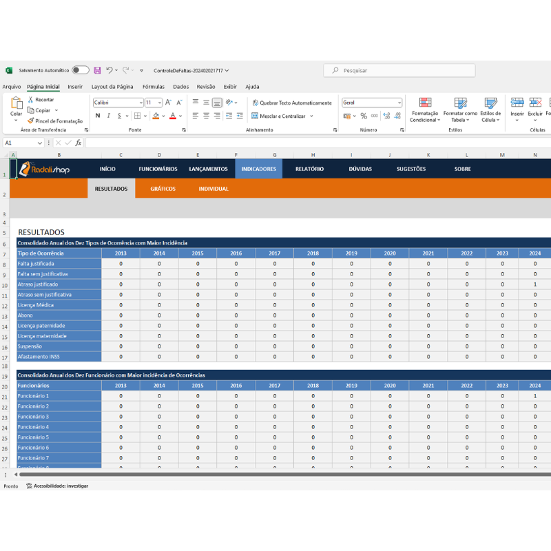 Planilha Tabela Controle De Faltas Presenças Absenteísmo Ausências Atrasos e ocorrencias dos Funcionarios