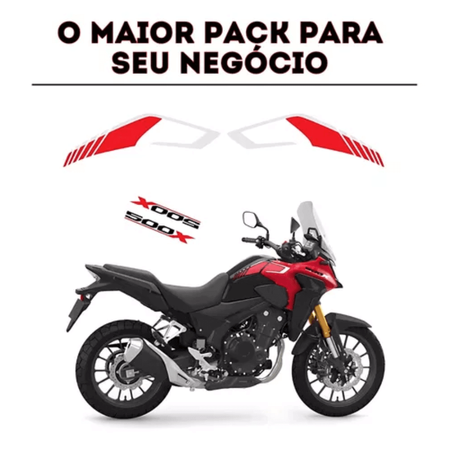 Imagem de um pack de adesivos vermelhos para motocicletas, destacando o modelo 300X e 500X.