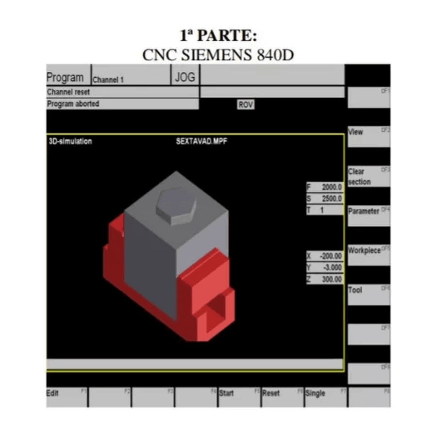 3D simulation interface for CNC programming using Siemens 840D, showcasing a detailed part view.