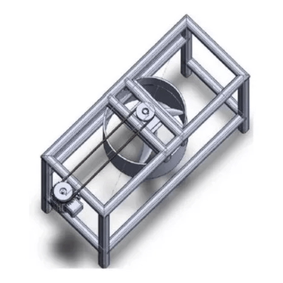 3D model of an ecological brick press machine with a cylindrical form and frame for soil processing.