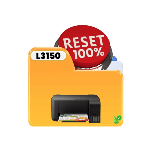 Graphic showing Epson L3150 printer with a reset button labeled 100% for printer reset solutions.
