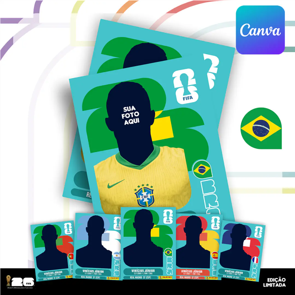 Figurinha personalizada copa do mundo 2026 editável no Canva com design do Brasil.
