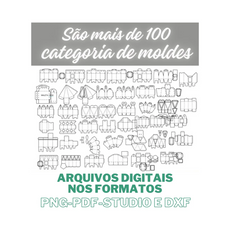 Imagem com mais de 100 categorias de moldes para caixas, arquivos digitais nos formatos PNG, PDF, Studio e DXF.