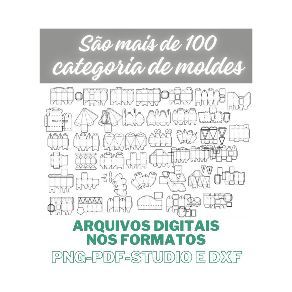 Imagem com mais de 100 categorias de moldes para caixas, arquivos digitais nos formatos PNG, PDF, Studio e DXF.
