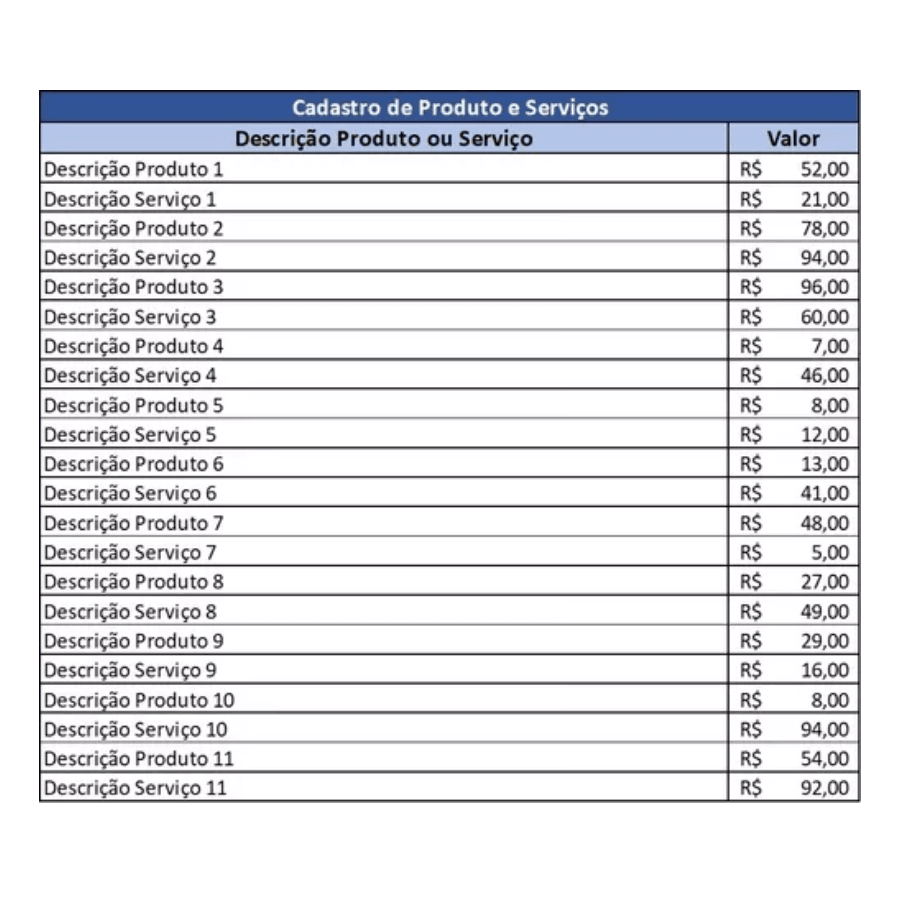 Planilha Orçamento Produtos E Serviços Folha Modelo Empresa Cliente - Radali Shop