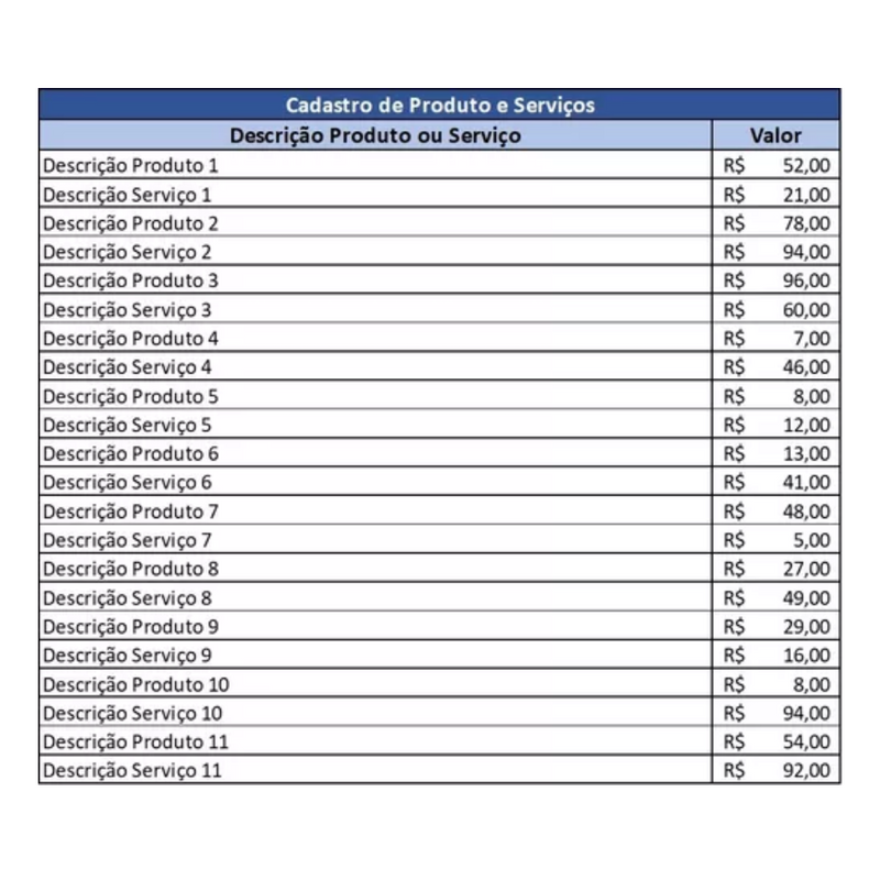 Planilha De Orçamento De Produtos E Serviços Folha Modelo para Empresa e Cliente Excel