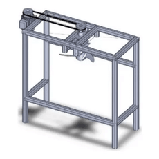 3D illustration of an eco-brick press machine with frame, motor and conveyor components for brick production.