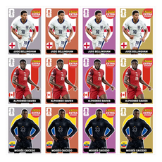 Figurinhas copa 2026 para imprimir com jogadores como Jude Bellingham, Alphonso Davies e Moisés Caicedo.