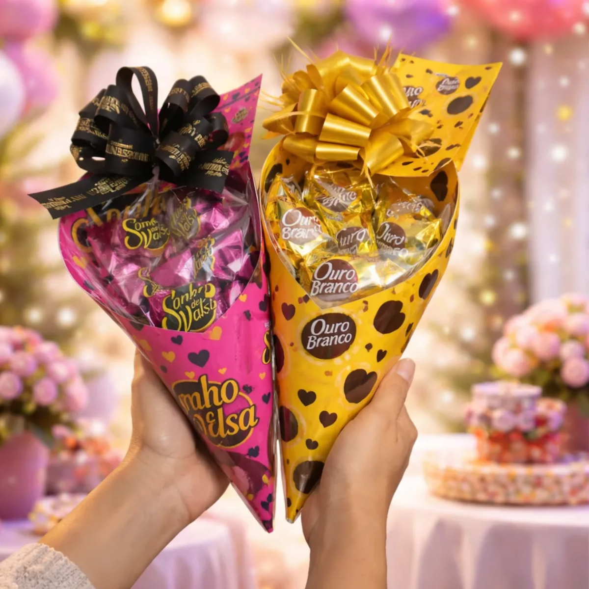 Dois modelos de cone buquê para imprimir, um em rosa e outro em amarelo, com bombons e laços decorativos.