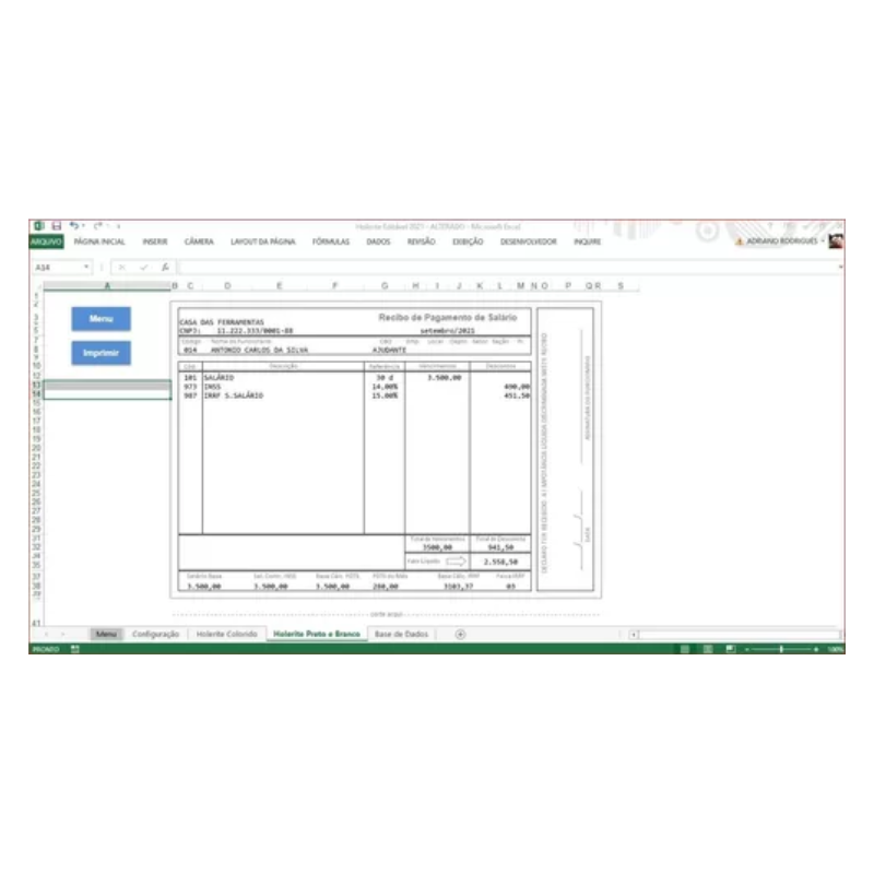 Planilha Holerite com Banco de dados Base Funcionarios Folha de Pagamento 3 Modelos Editáveis Recibo Contra cheque