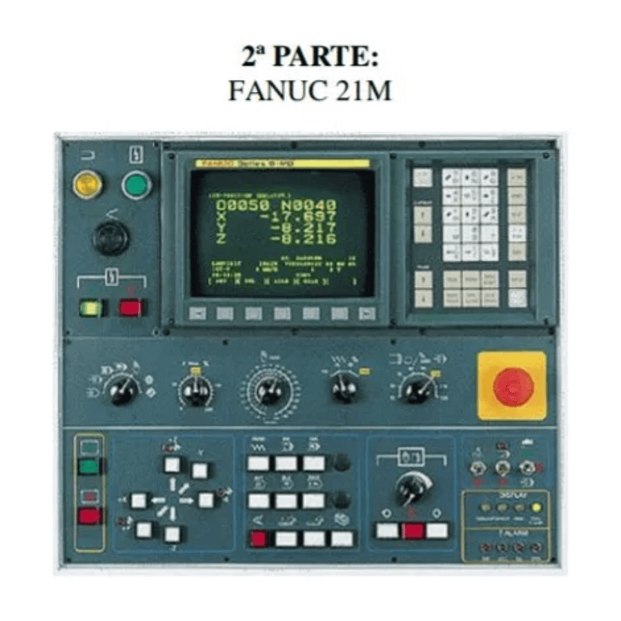Control panel of FANUC 21M CNC machine showing programming interface and operational buttons.