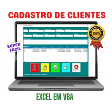 Laptop displaying cliente registration software with easy Excel VBA interface and satisfaction guarantee.