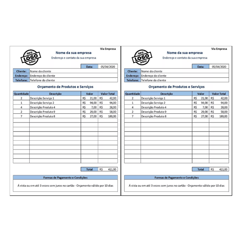 Planilha De Orçamento De Produtos E Serviços Folha Modelo para Empresa e Cliente Excel