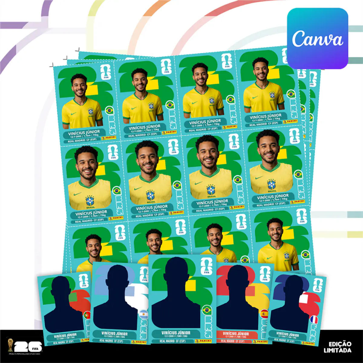 Figurinha personalizada Copa do Mundo 2026 com design editável no Canva.