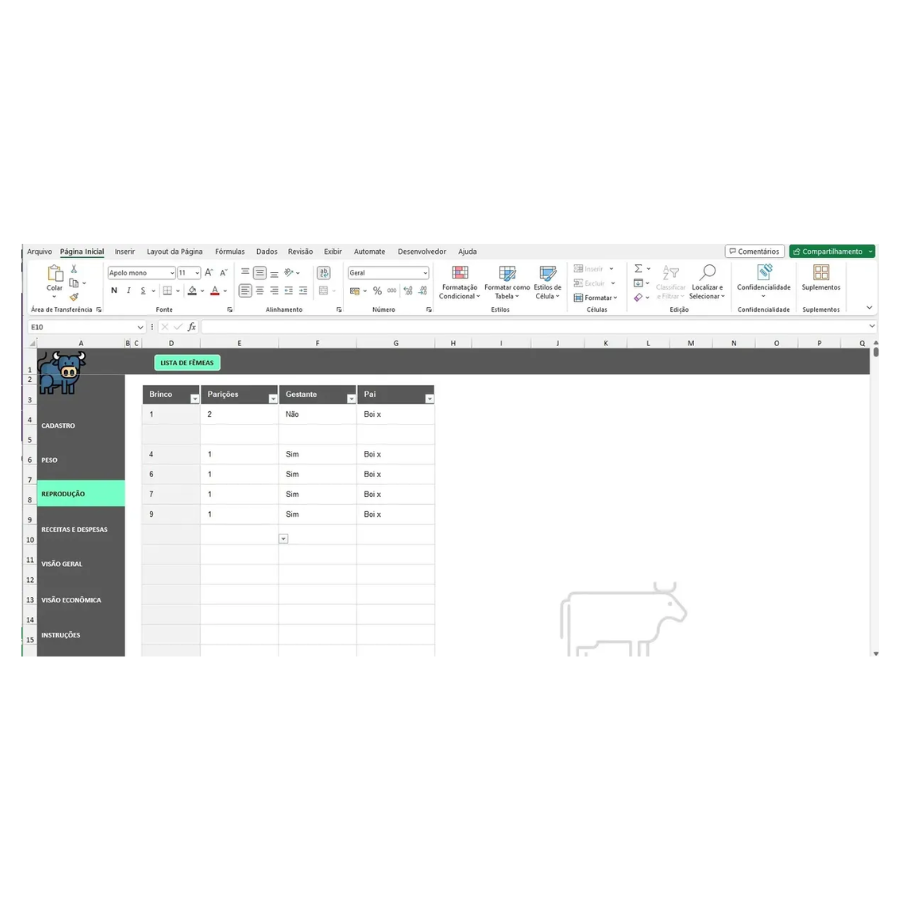 Planilha Controle de Gado Corte e Engorda em Excel