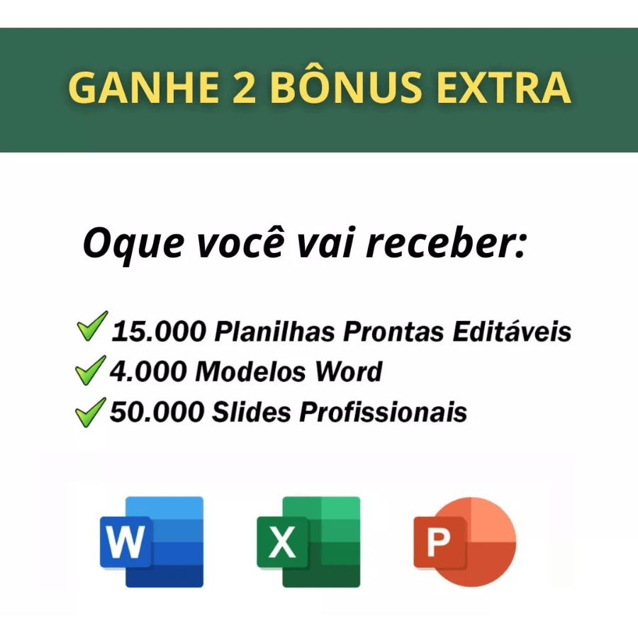 Imagem destacando bônus extras: 15.000 planilhas, 4.000 modelos Word e 50.000 slides profissionais.