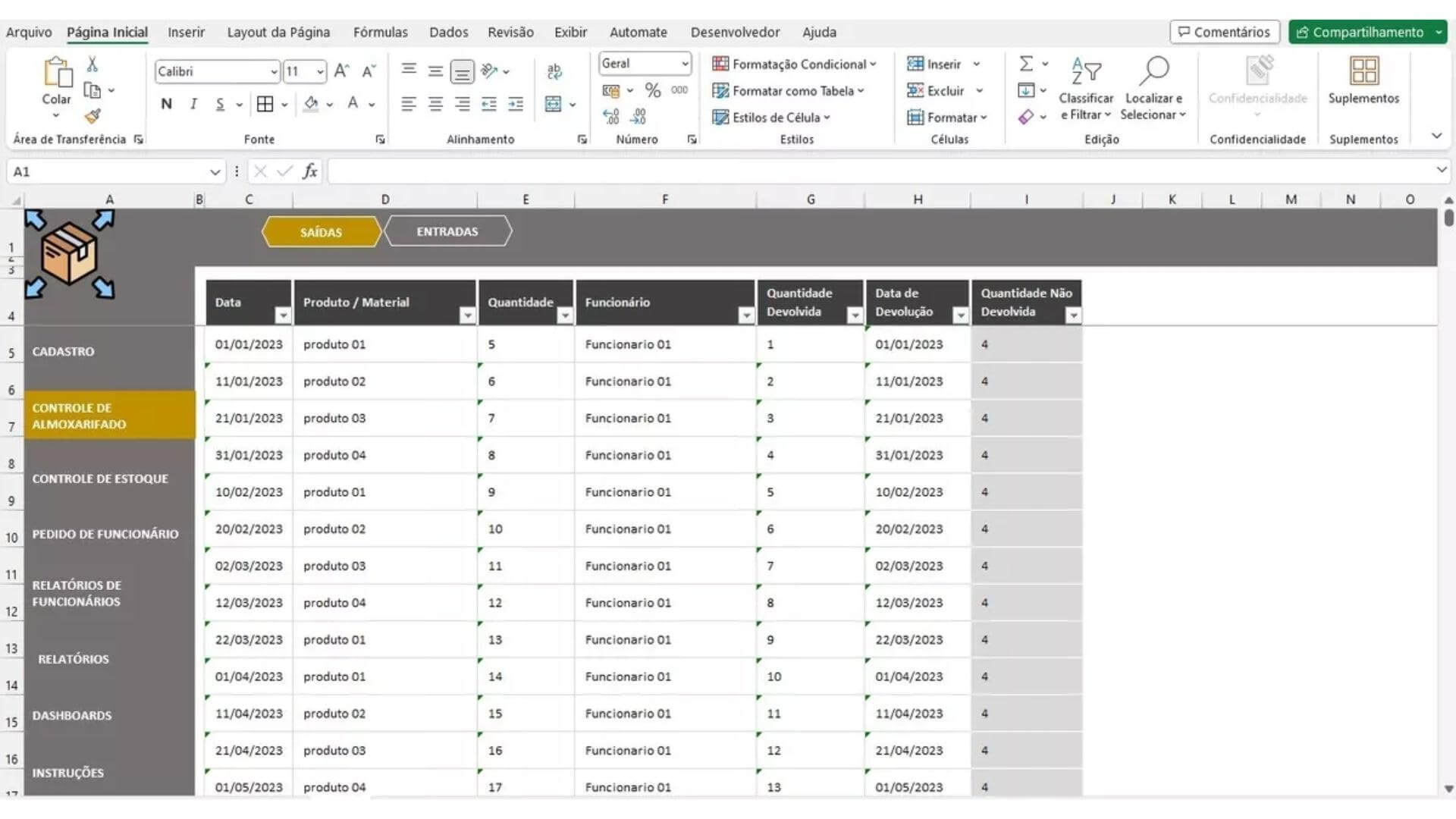 Planilha de controle de estoque em Excel para gestão de almoxarifado e inventário.