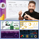 Happy man showcasing Power BI dashboards and analytics with health score and sales metrics.