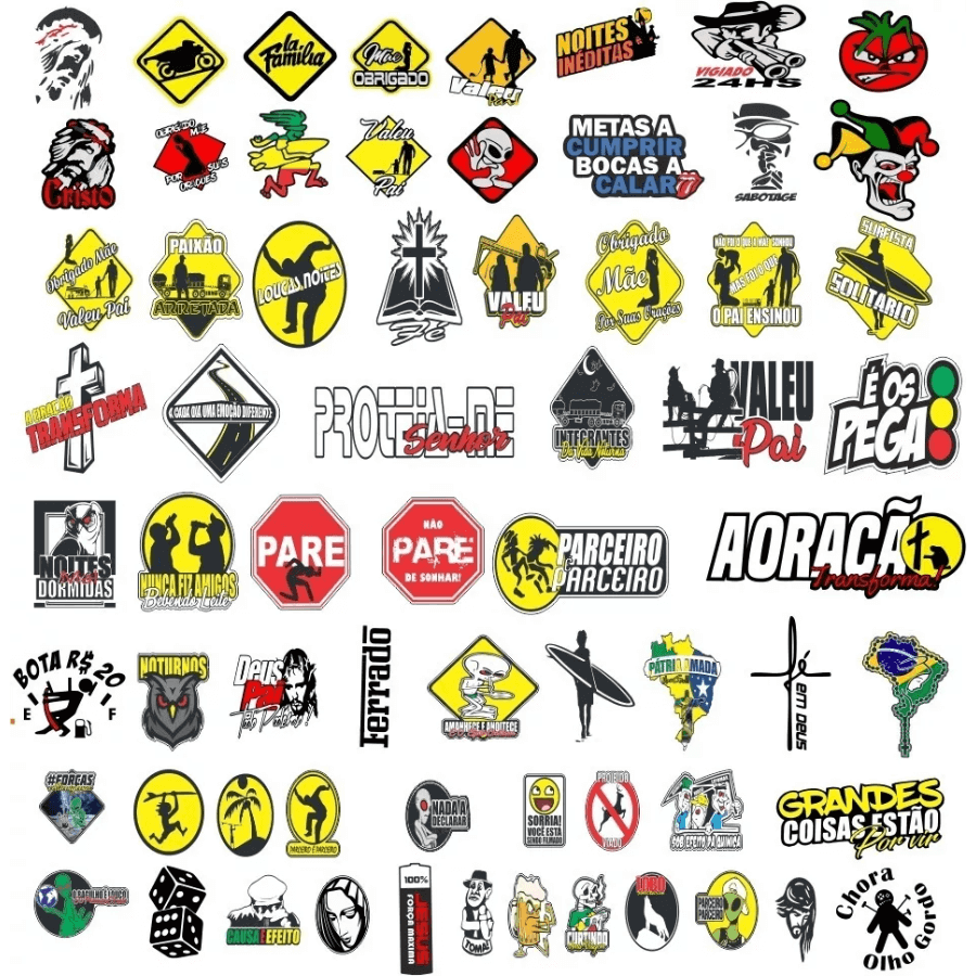 Collection of automotive stickers featuring various designs, logos, and warnings for cars and vehicles.
