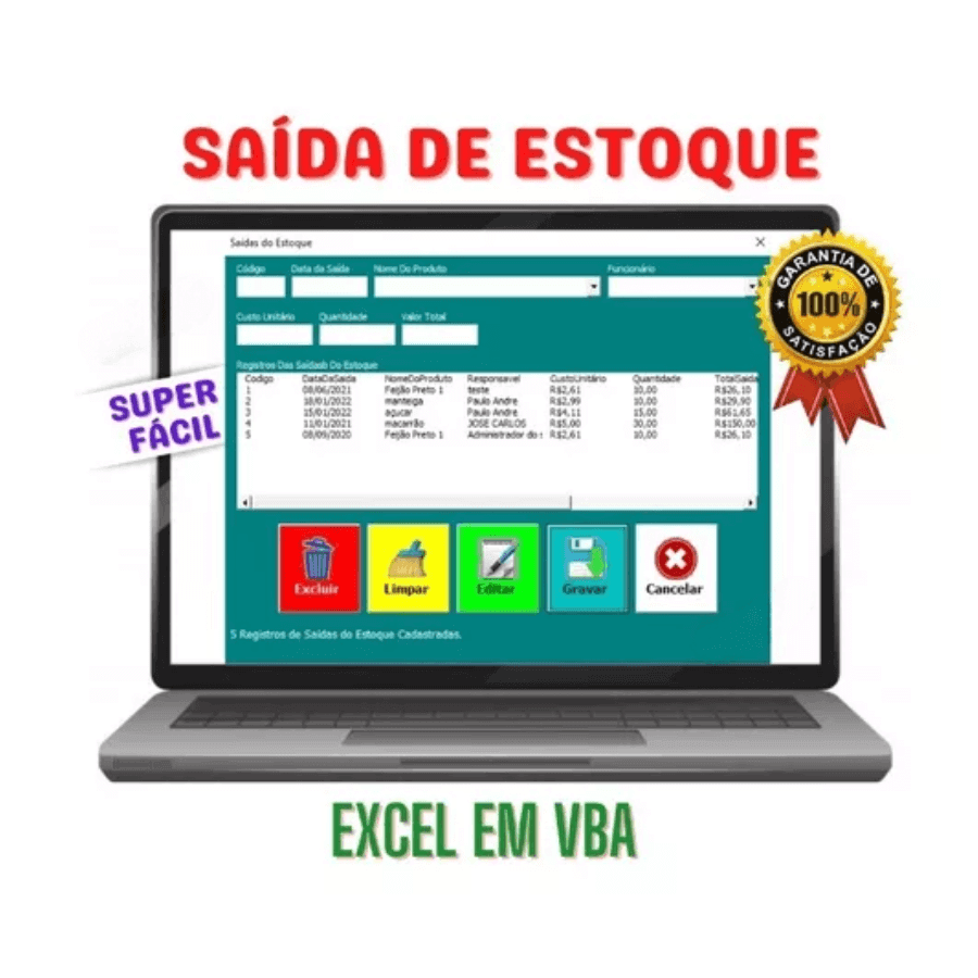 Interface de planilha de controle de saída de estoque em Excel, fácil e eficiente, com garantias de satisfação.