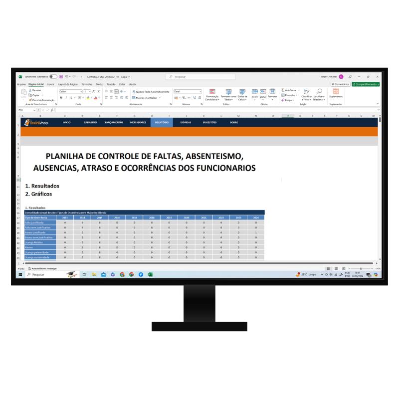 Planilha Tabela Controle De Faltas Presenças Absenteísmo Ausências Atrasos e ocorrencias dos Funcionarios