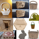 Various wooden laser-cut designs including boxes, baskets, and decorative items.
