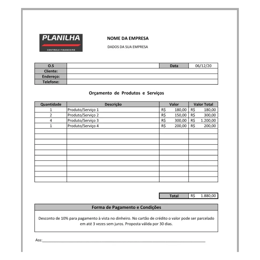 Planilha Orçamento e Ordem De Serviço