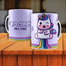 Cute unicorn mug with playful design, featuring the phrase 'CAGUEI PRA VOCÊ', perfect for sublimation.
