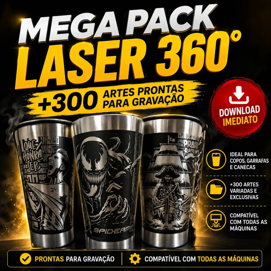 Ultra Pack +300 Artes Gravação Copos E Garrafas Laser 360o
