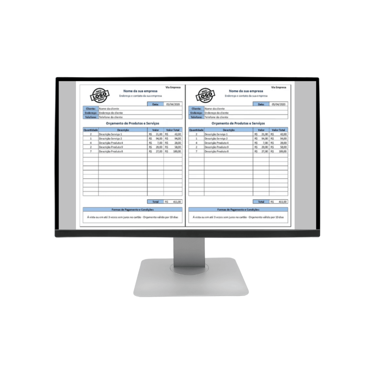 Planilha Orçamento Produtos E Serviços Folha Modelo Empresa Cliente