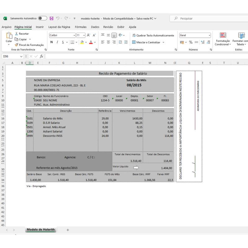 Planilha Holerite com Banco de dados Base Funcionarios Folha de Pagamento 3 Modelos Editáveis Recibo Contra cheque