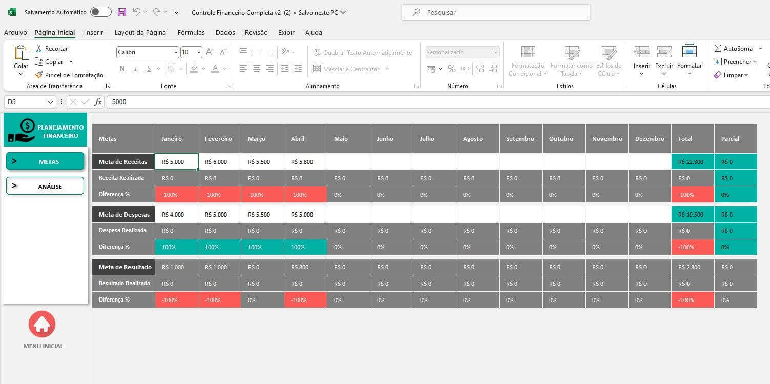 Detailed financial control spreadsheet showing costs, cash flow, and management metrics.