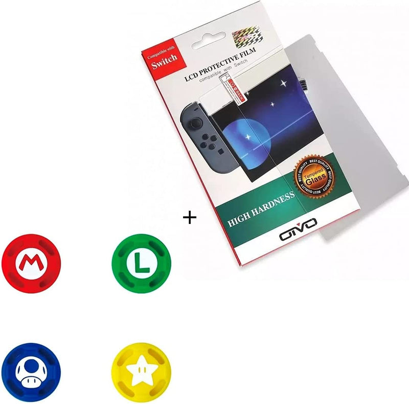 Película De Vidro 3.3mm 9H + 4 Grip Mario Do Joy-con Para o Nintendo Switch